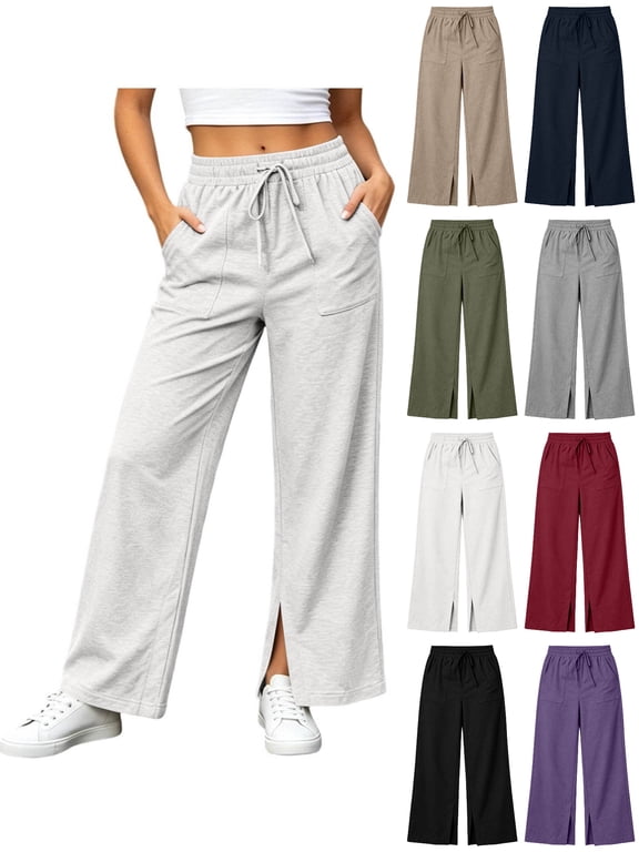 Wide Leg Sweatpants Women Baggy High Waist Workout Athletic Joggers with Pockets Casual Loose Fit Elastic Waist Drawstring Sweat Pants, Split Leg Sweatpants Fall Clothes For Women