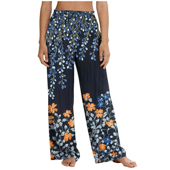 Bgstyu Women's Boho Palazzo Pants Wide Leg Beach Vacation Hawaii Pants Loose High Waisted Lounge Pants with Pockets