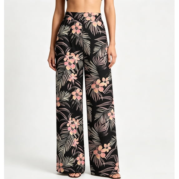 Bgstyu Women's Boho Palazzo Pants Wide Leg Beach Vacation Hawaii Pants Loose High Waisted Lounge Pants with Pockets