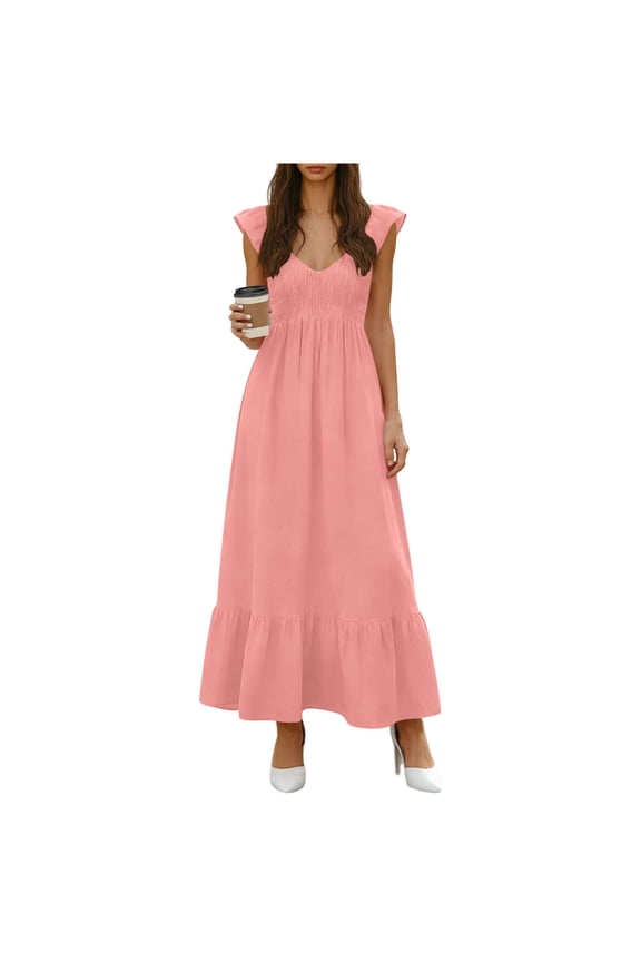 Womens Summer Dresses Casual Ruffle Sleeve Loose Maxi Dress Solid Color V Neck Empire Waist Pleated Flowy Ruched Beach Sundress