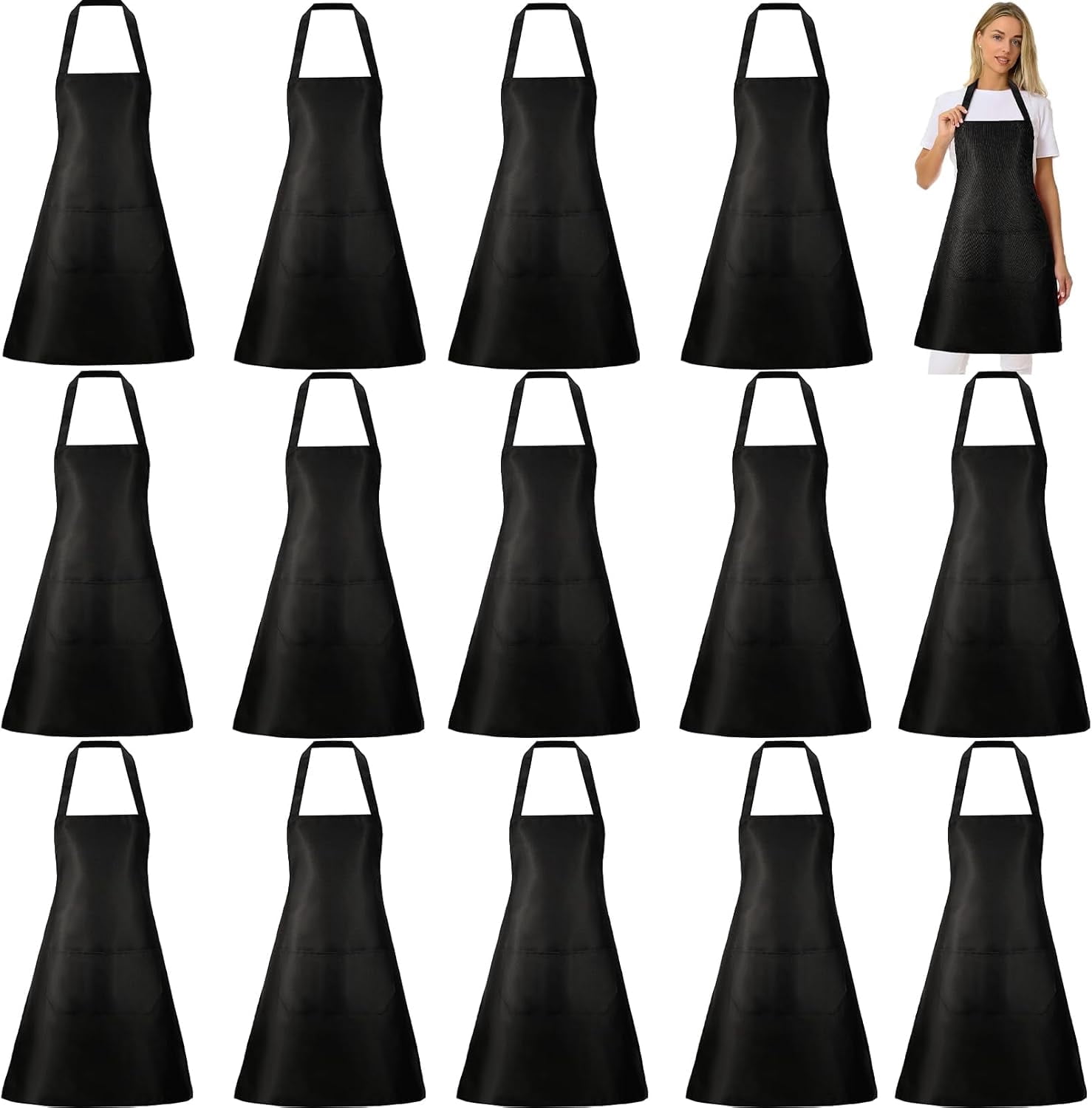 Bgtecho18 Pack Bib Apron,Aprons Bulk with 2 Pockets,Apron Bulk for Women Men,Unisex Commercial Apron for Kitchen BBQ Drawing Crafting(Black)