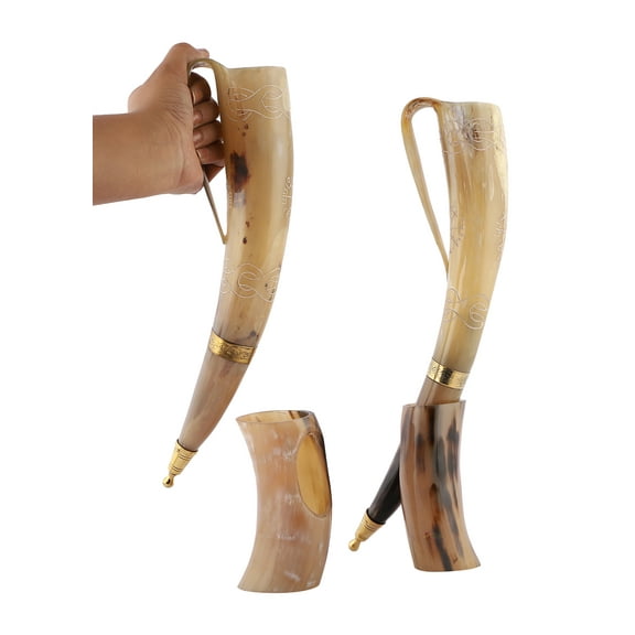 Bhartiya Handicrafts Real Ox Viking Drinking Horn with Handle for Beer Wine Mead Ale | Game Of Thrones Horn With Stand (Carved 13 Inch 12 Oz ) (Pack Of 1)