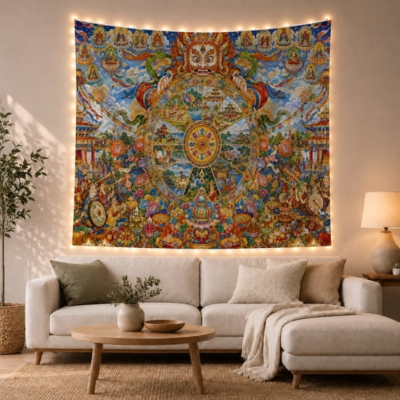 Bhavachakra Wheel With Blue Sky and Offerings, Majestic Illustration for Spiritual Decor Lovers, Thangka Wall Art, Birthday Gift, Tapestry Wall Hanging for Bedroom and Study Room