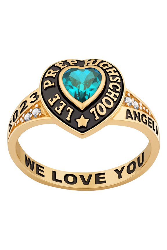 CLASS RING Custom Heart Shaped Birthstone CZ Accents Class Ring, High School or College Graduation Gift