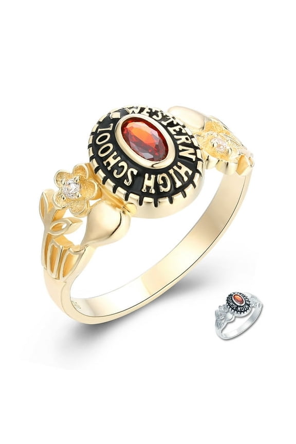 CLASS RING Customized Petite Flower 10kt Yellow Gold plated Birthstone Class Rings for Women High School