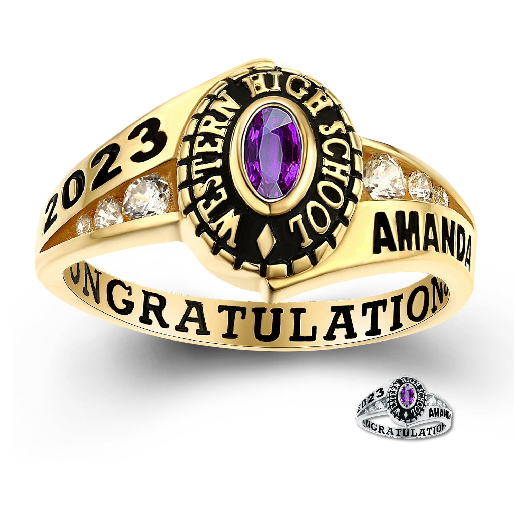 Girls Normal Class Rings Bhavani Gems CLASS RING Pageantry Custom 10kt Yellow Gold plated Women ...