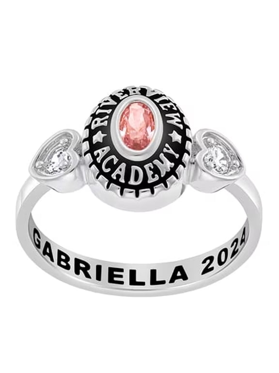 CLASS RING Women's Classic Oval Stone & CZ Heart Class Ring, Personalized, High School or College Graduation Ring