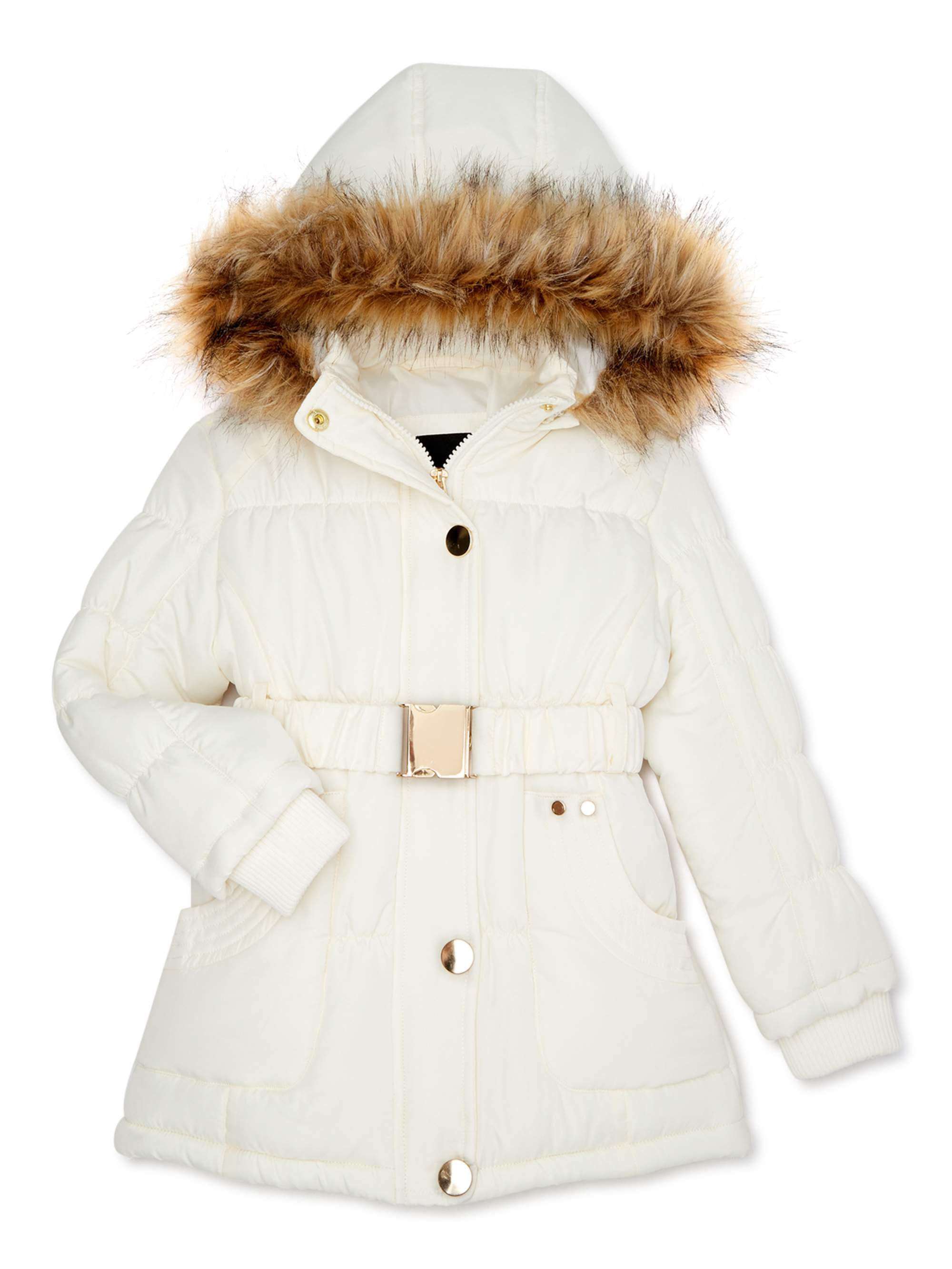 Bhip Girls Belted Puffer Jacket with Faux Fur Trimmed Hood, Sizes 4-12 ...