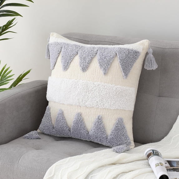 Bho Decorative Pillow Cover Geometric Pattern Woven Tufted Soft Chenille Tassel Pillowcase 18x18 Inches