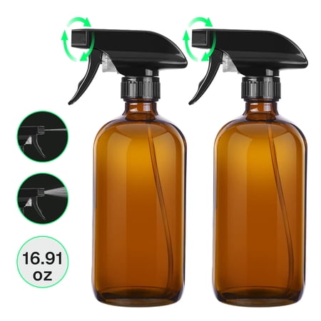 Behome 2-Pack Amber Glass Spray Bottles, 16.9 oz Refillable Spray Bottles with Adjustable Nozzles for Essential Oils, Plants, Cleaning Solutions, Hair Care
