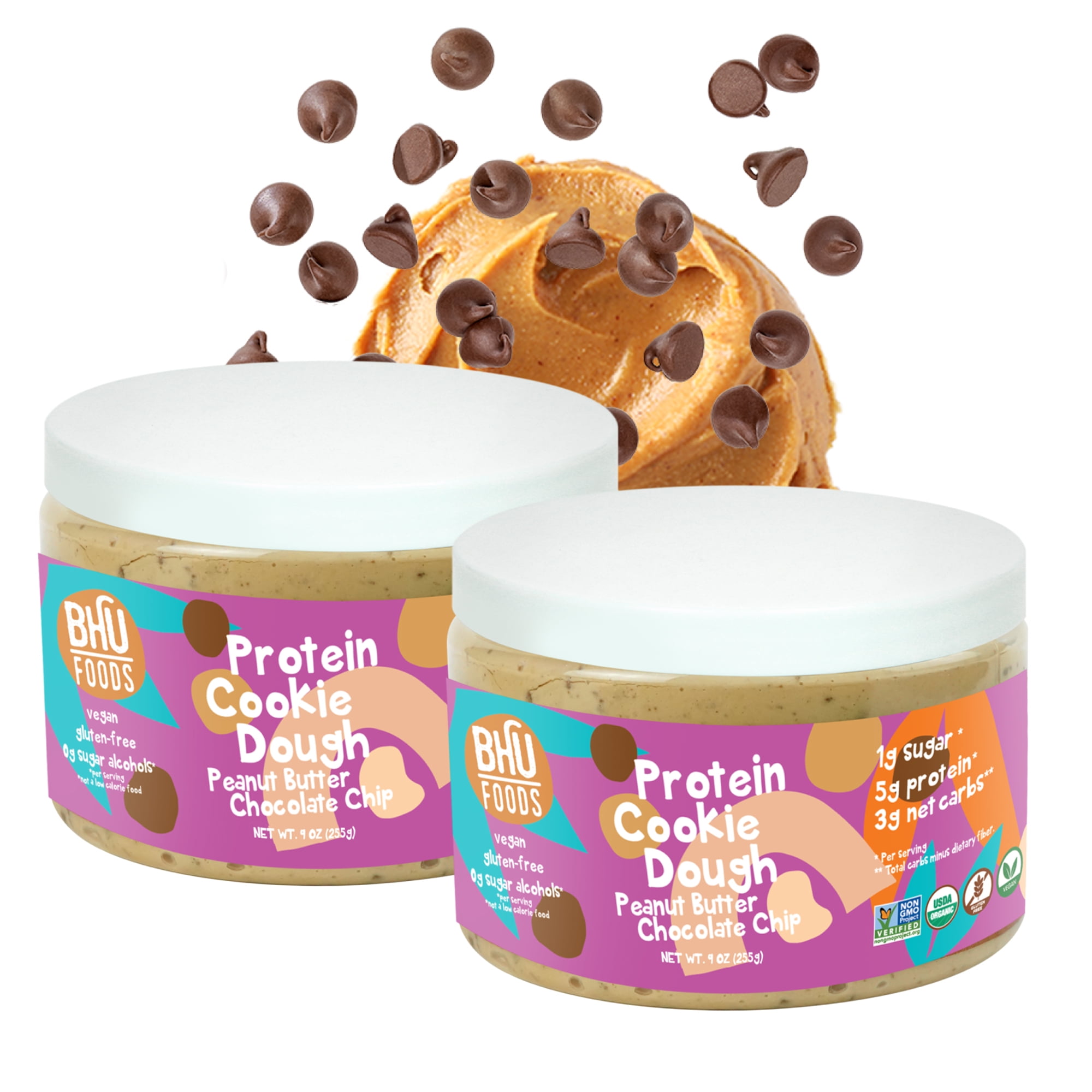 BHU Foods Keto Cookie Dough Snack Jars - Peanut Butter Chocolate Chip (2 x 5.5 oz)