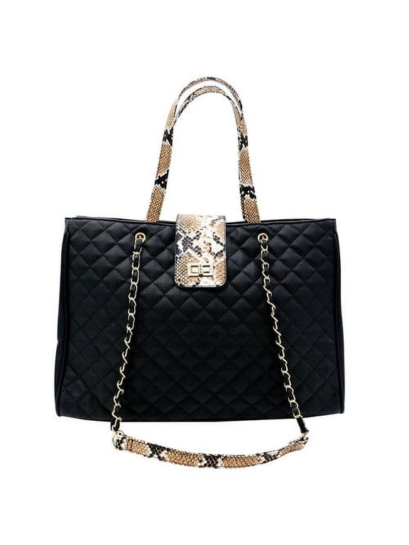 Laptop Tote Shoulder Bags (up to 15.6 inch) Water Resistant Quilted Handbag Large Capacity with Padded Compartment Business Work Office Compatible with MacBook & Notebook (Black w tan snake)