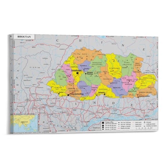 Bhutan Map Poster Gifts Canvas Painting Poster Wall Art Decorative Picture Prints Modern Decor 20x30inch(50x75cm)
