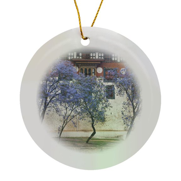 3drose, Bhutan. Monks by Jacarandas, Punakha Dzong Palace - As04 Bja0048 - Jaynes Gallery, Circle Porcelain Ornament