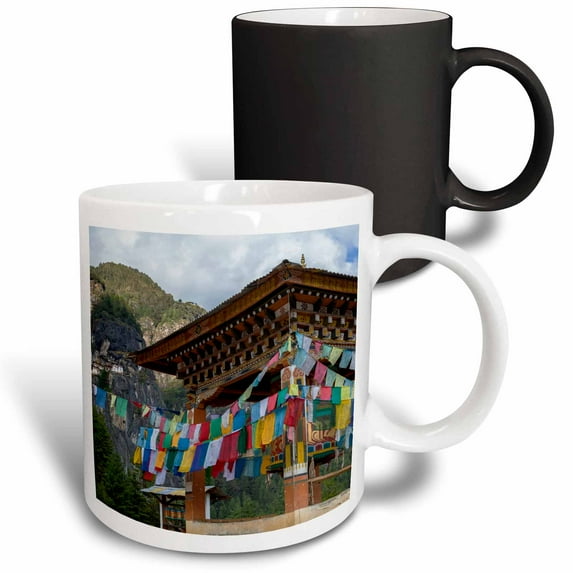 3drose, Bhutan, Paro. Prayer Wheel Flags, in View of Tigers Nest Monastery., 11oz Magic Transforming Mug