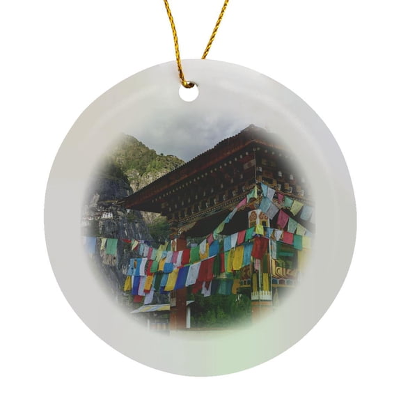 3drose, Bhutan, Paro. Prayer Wheel Flags, in View of Tigers Nest Monastery., Circle Porcelain Ornament