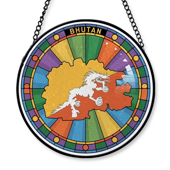 Bhutan Travel Decor Suncatcher Stained Glass Window Hanging, Gift for Traveller, Collection of Country Travel Souvenirs for Family and Friends, Bhutan Map and Flag Décor