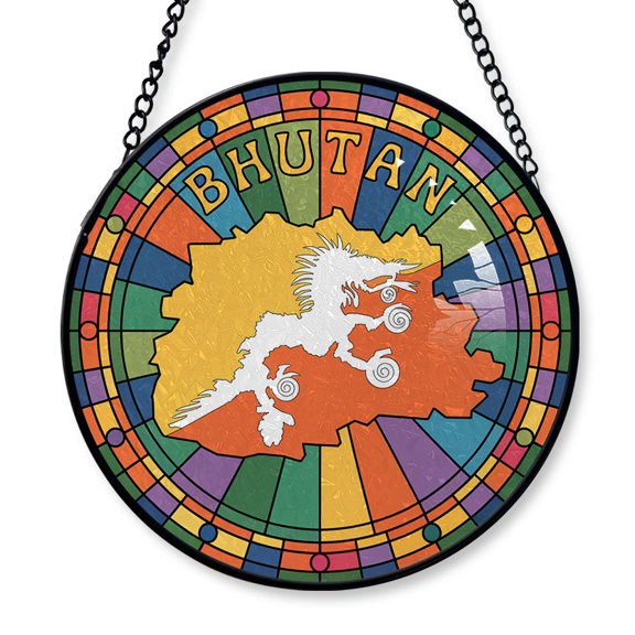 Bhutan Travel Decor Suncatcher Stained Glass Window Hanging, Gift for Traveller, Collection of Country Travel Souvenirs for Family and Friends, Bhutan Map and Flag Décor