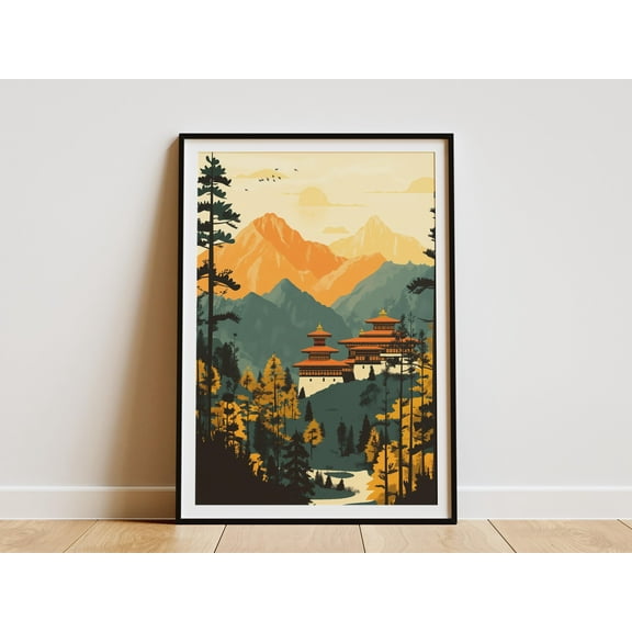 Bhutan Travel Poster Asian Mountain Range Art Print Vintage Style Bhutan Illustration Minimalist Landscape Wall Decor Bhutanese Temple - Poster Unframed