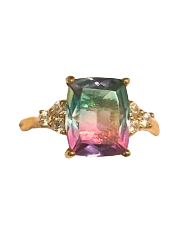 Bi-Color Tourmaline Cushion-Cut Ring Watermelon Tourmaline Doublet with Quartz Sterling Silver Handmade Ring Artisan Jewelry for Women Black Vermeil 10