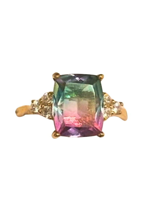 Bi-Color Tourmaline Cushion-Cut Ring Watermelon Tourmaline Doublet with Quartz Sterling Silver Handmade Ring Artisan Jewelry for Women Gold 10
