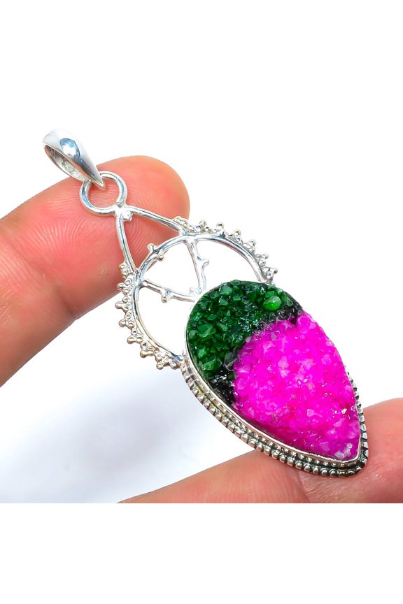 Bi-Colour Quartz Drusy Gemstone 925 Sterling Silver Pendant 2.46", Drusy Quartz Pendant, Gemstone Pendant