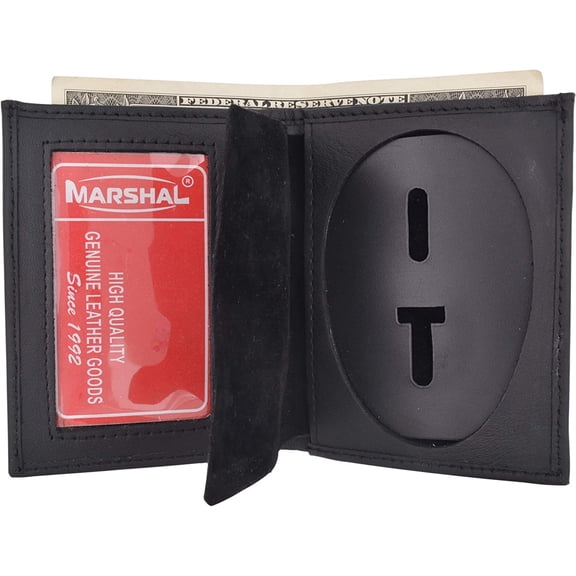 Bi-Fold Badge Holder Wallet, Shield Style with ID Window Leather, Black