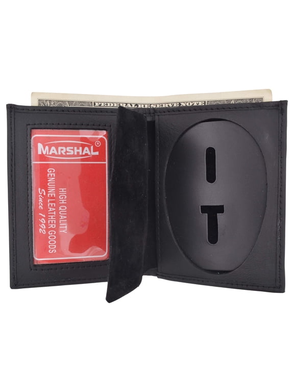 Bi-Fold Badge Holder Wallet, Shield Style with ID Window Leather, Black