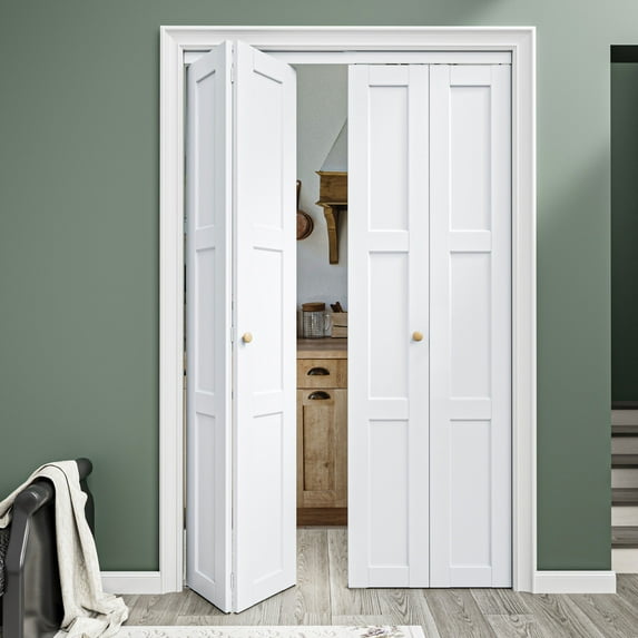 48" x 80" 3 Panel Solid Core Bifold Doors with Hardware Kit & Knob, Interior Folding Door for Closet, Pantry Door, White Smooth Surface, Paintable