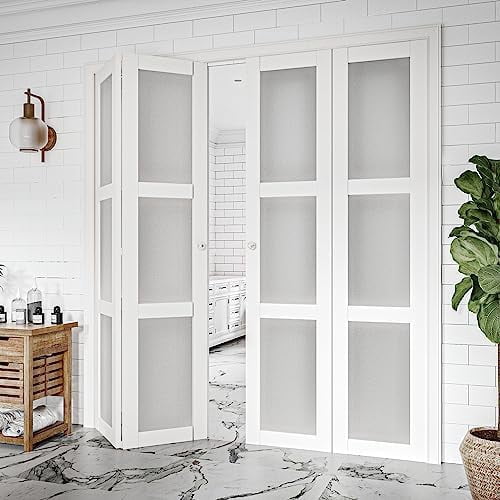 JUJUBON Closet Door 72-in X 96-in White 3-panel Frosted Glass Smooth Solid Core Prefinished MDF Closet Bifold Door ( Hardware Included ) In The Closet Doors Department At