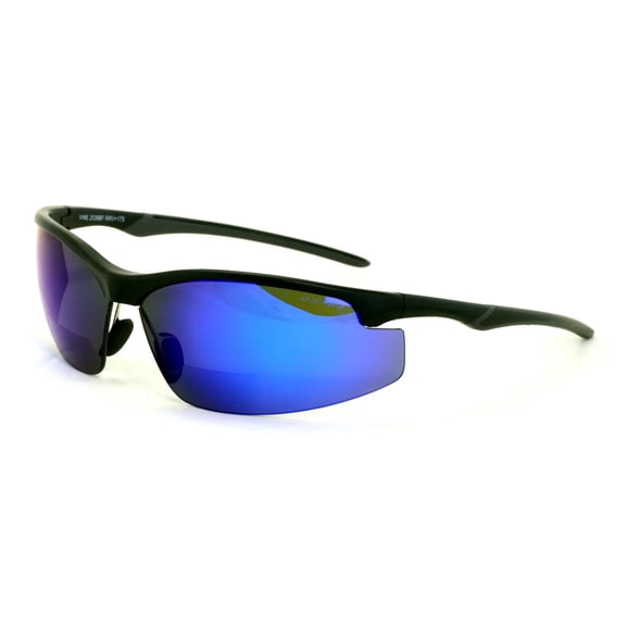 Bi-focal Sport Protective SunGlasses Bifocal - Outdoor Reader Reading Glasses - Ansi Z87.1 Certified Blue Mirror +1.25