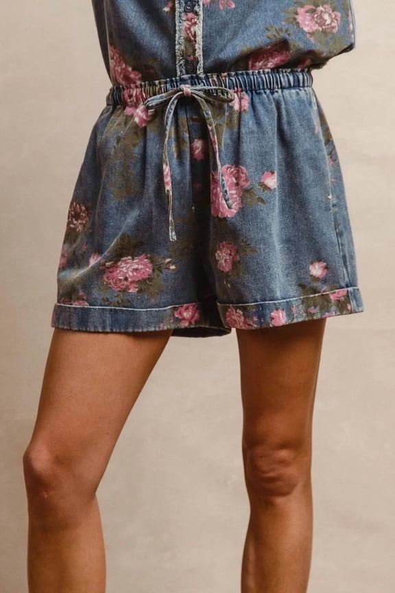 BiBi Floral Printed Denim Short Pants With Pocket