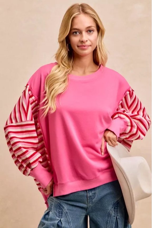 BiBi French Terry Stripe Combo Sweatshirt with Open Seam - PINK/RED - L
