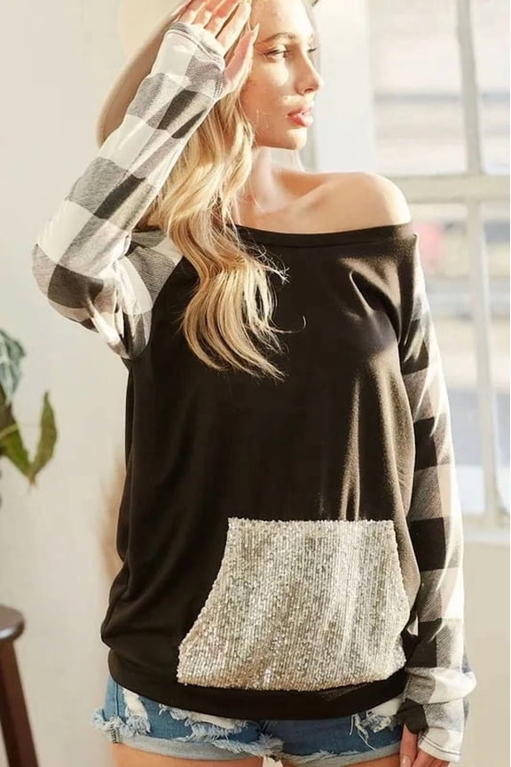 BiBi French Terry Top with Sequins Kangaroo Pocket