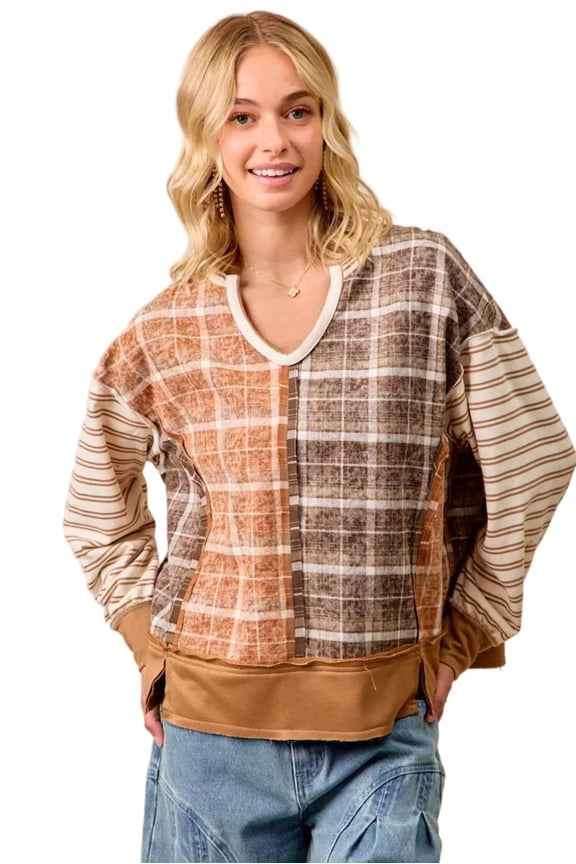 BiBi Plaid And Stripe Mix And Match Top With Open Seam