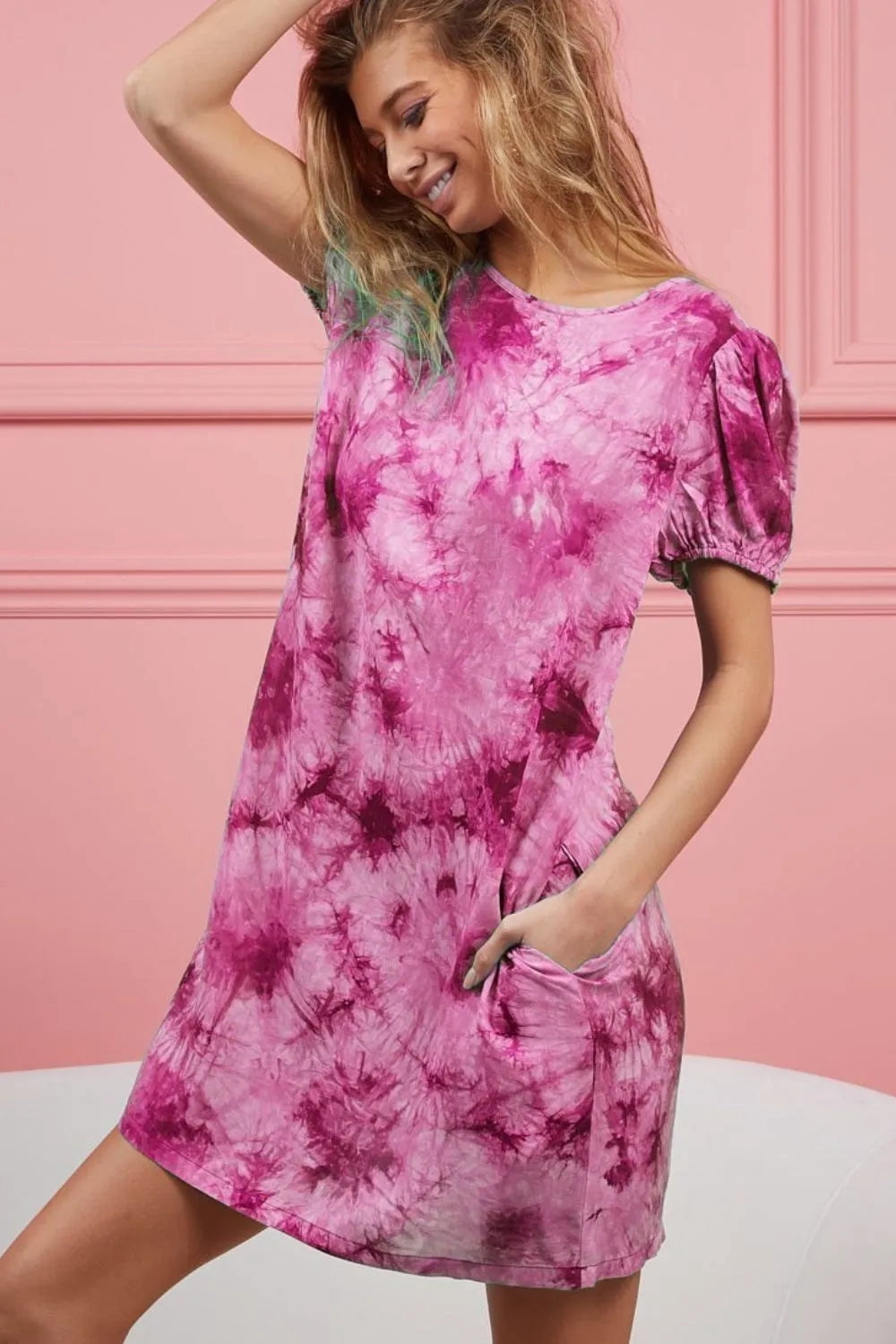 BiBi Front Tied Puff Sleeve Checkered Dress with Cut Out Detail