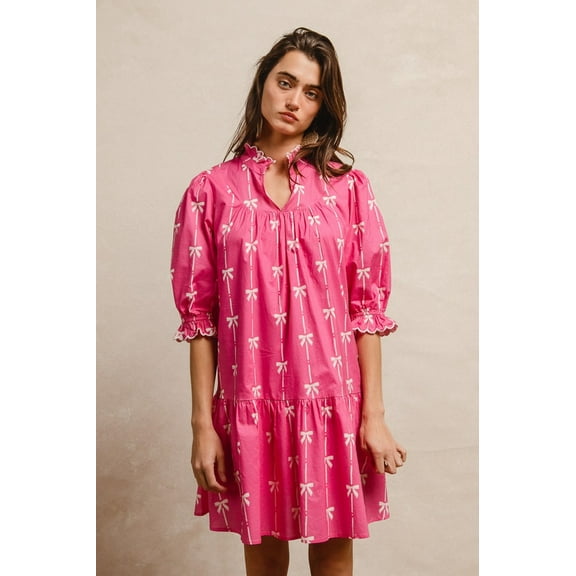 BiBi Ribbon Patterns With Scallops Edge Details Short Sleeve Dress