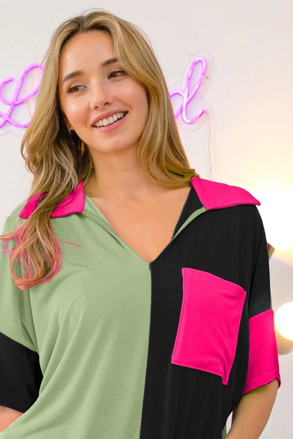 BiBi Slinky Knit Color Block V Neck Front Top - Walmart.com