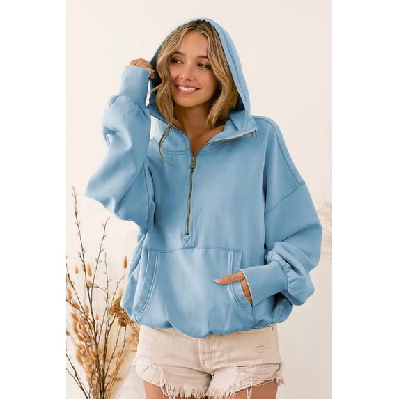 BiBi Stitch Detailed Elastic Hem Half Zip Fleece Hoodie