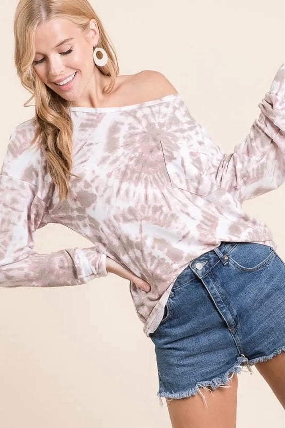 BiBi Tie Dye Print Terry Top with Front Patch Pocket