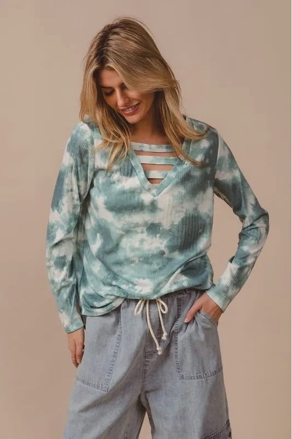 BiBi Variegated Tie Dye Rib V-Neck Top with Strapped