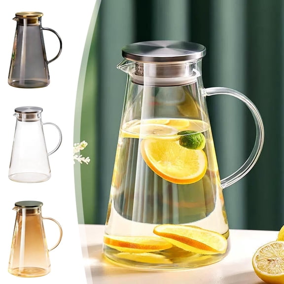 BiFandian 0.48 Gallon Glass Pitcher with Lid and Handle, Large Capacity Heat Resistant Carafe for Hot and Cold Drinks, Clear Beverage Pitcher for Juices Iced Tea Lemonade and Milk
