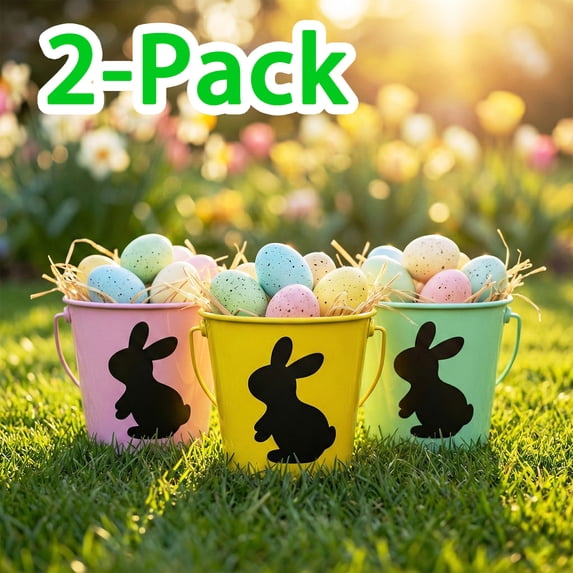 BiFandian 2-Pack Metal Easter Buckets with Handle, Bunny Decoration Candy Storage Pail, Ideal for Easter Basket Stuffers, Eggs and Candies