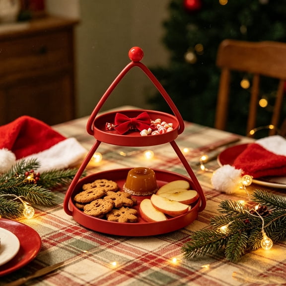 BiFandian 2‑Tier Christmas Tree Serving Trays Decorative Snack Fruit Platters Festive Tiered Food Serving Stand Christmas Tabletop Party Decorations Indoor