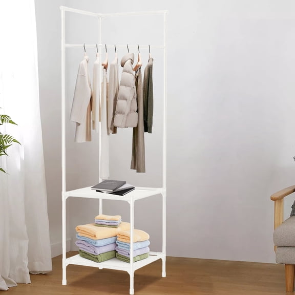 BiFandian 2-Tier Coat Rack Freestanding Closet Organizer, Simple Hall Tree with 2 Storage Shelves, Corner Storage Organizer for Entryway, Bedroom, Bathroom