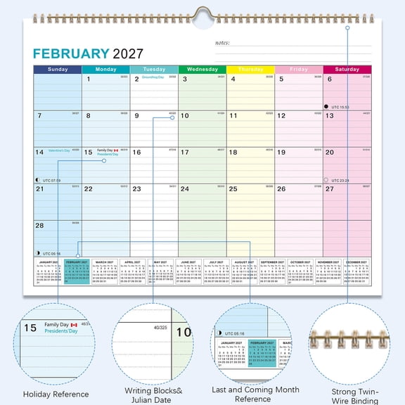 BiFandian 2027 Wall Hanging Monthly Calendar, 18 Months Spiral Bound Planner, Hanging Desk Calendar with Monthly Overview, 7 Color Coded Columns for Each Weekday