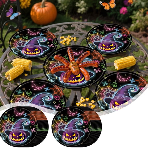 BiFandian 24Pcs Halloween Disposable Tableware, Halloween Paper Plates Halloween Cups Halloween Napkins Tableware Set, Halloween Parties Supplies Decorations Indoor Outdoor