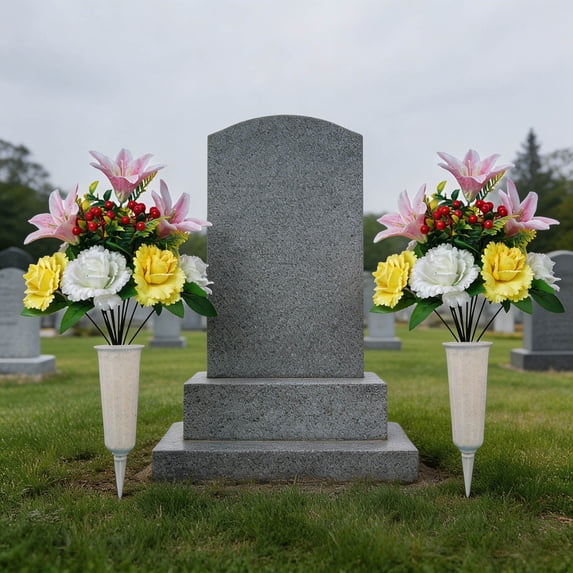BiFandian 2pcs Rose Lily Artificial Cemetery Flowers with Vase, Artificial Flowers Bouquet with Stake, Realistic Graveyard Memorial Flowers for Cemetery Headstones Memorial Day Decoration
