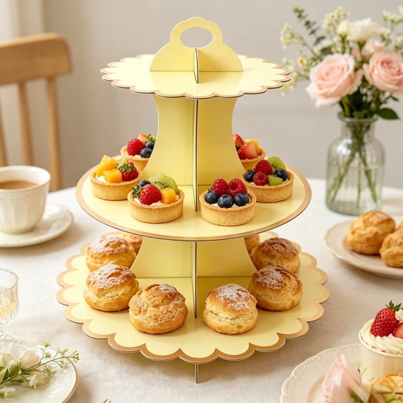BiFandian 3-Tier Cardboard Cupcake Stand, Scalloped Edge Disposable Dessert Holder with Carry Handle, Foldable Pastry Display Tray for Birthday Tea Party Wedding and Holiday Snack Serving