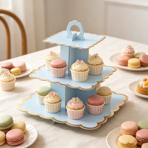 BiFandian 3 Tier Scalloped Edge Paper Cupcake Stand, Foldable Cardboard Dessert Display Rack with Handle, Disposable Pastry Holder for Birthday Tea Party And Holiday Snack Serving